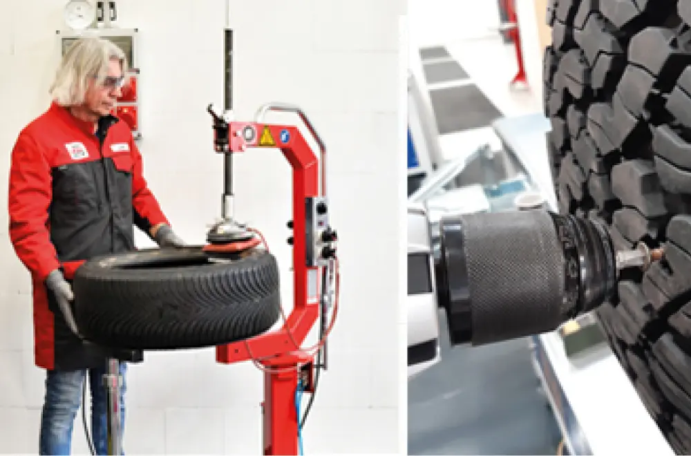Mechaniker montiert Reifen an einer Maschine; Werkzeug am Reifenprofil