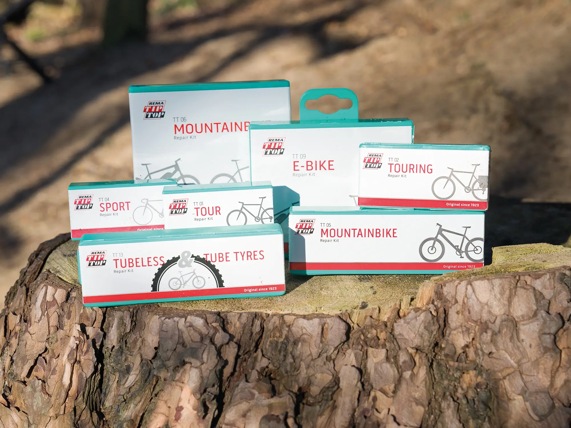 Verschiedene Verpackungen von Reifenflicken auf einem Baumstumpf